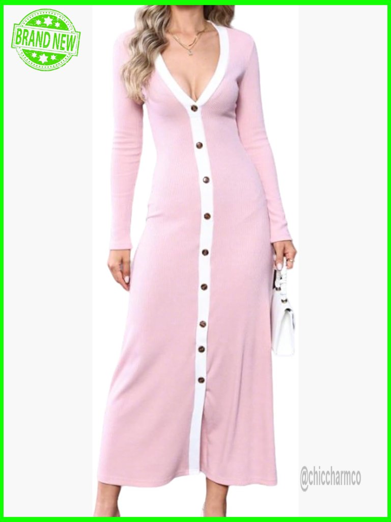 Long Sleeve Ribbed Knit Bodycon Midi Dress V-Neck Button Down